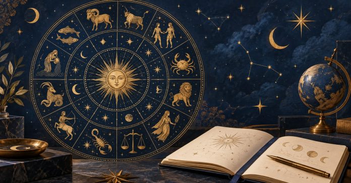 Types of Astrology: Traditions, Chart Methods and Uses An artistic celestial wheel with a notebook represents different astrology traditions and their uses.