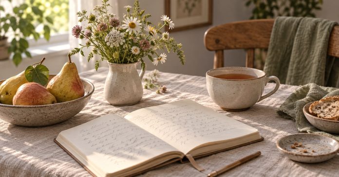 A handwritten journal, tea and small flowers on a sunlit table symbolize everyday gratitude.