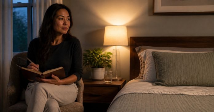 Psychic Protection Without Fear: Grounding, Sleep Safety, and Boundaries Woman using a calm grounding routine beside a softly lit bed