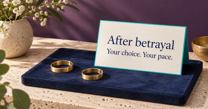 After betrayal: your choice, your pace Two brass bands apart on navy suede beside a card reading After betrayal, Your choice. Your pace.