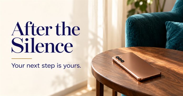 After the Silence — Your Next Step Is Yours —3830 Face-down copper phone on a walnut table beside a teal chair; text reads After the Silence, Your next step is yours.