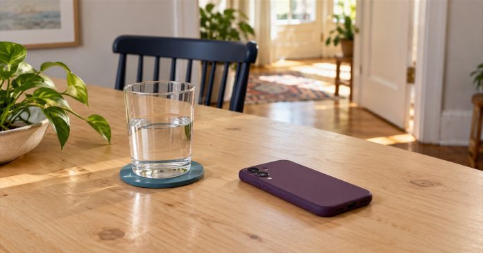 A face-down phone in a purple case beside a water glass on a wooden table near an open doorway