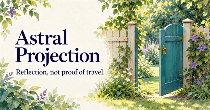 Astral Projection Reflection Garden 3689 20261018 Watercolor illustration of an open teal garden gate beside the words Astral Projection and Reflection, not proof of travel.
