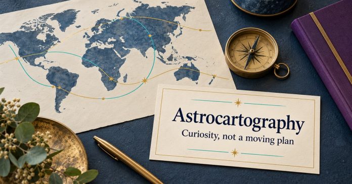 Astrocartography: curiosity and practical planning Illustrative world map with decorative gold and cyan lines beside a brass compass and an Astrocartography — Curiosity, not a moving plan card