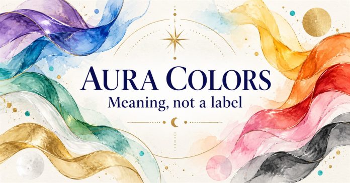 Abstract watercolor ribbons in ten colors framing the words Aura Colors: Meaning, not a label.