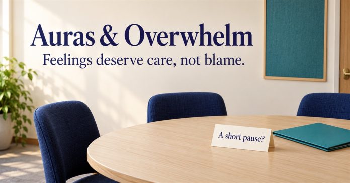 People-free illustration of an empty meeting room with a card asking “A short pause?” and the words “Auras & Overwhelm — Feelings deserve care, not blame.”