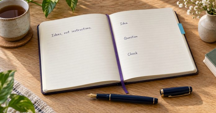 Automatic writing and deliberate reflection AI-generated notebook illustration with Ideas, not instructions and Idea, Question and Check headings, with a pen resting below.