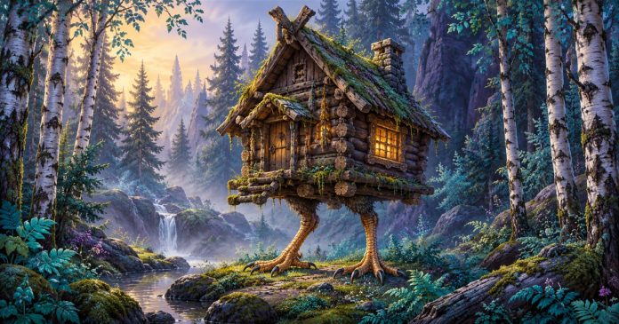 Baba Yaga folklore: imagined fowl-legged forest hut Imagined wooden hut on birdlike legs among birch trees, moss and ferns, with a glowing golden window