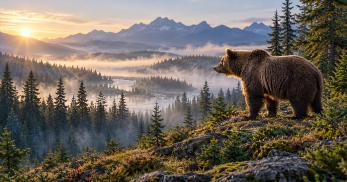 AI-generated illustration of a brown-furred bear in side profile on a forested ridgeline above a misty valley.