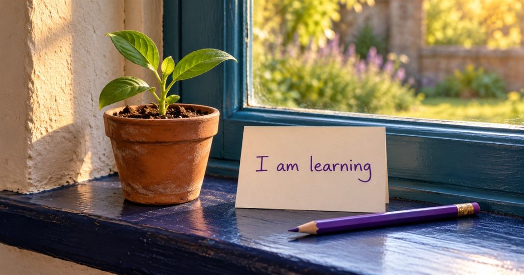AI-generated still life of a small seedling beside an “I am learning” note and purple pencil on a navy window ledge
