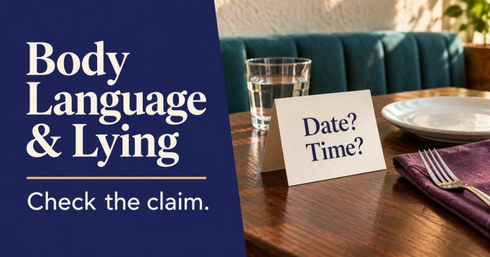 Body language and lying: check the claim — illustrative cover An imagined restaurant table with a “Date? Time?” card beside “Body Language & Lying” and “Check the claim.”