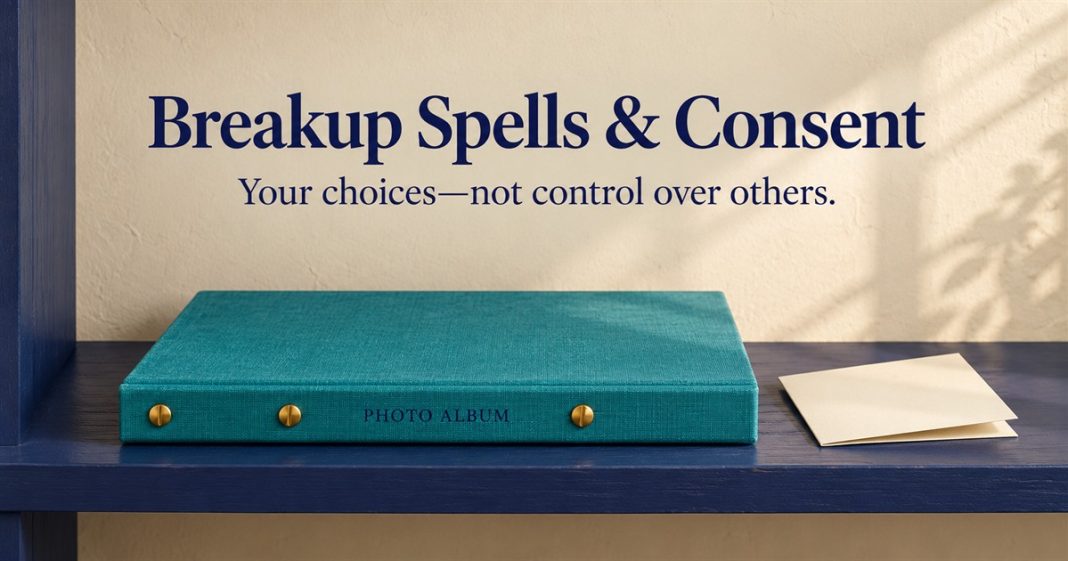 Breakup Spells and Consent — Closed Photo Album — Post3644 People-free illustration of a closed teal photo album and blank folded note on an indigo shelf, with Breakup Spells & Consent and Your choices—not control over others.