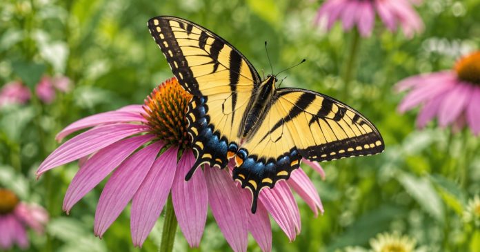 Butterfly symbolism garden cover Yellow-and-black butterfly with open wings resting on a pink coneflower