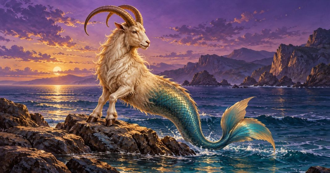 Capricorn's symbolic sea-goat at dusk Painterly Capricorn sea-goat with curved horns, front hooves on a coastal rock and a fish tail curling toward a navy sea.