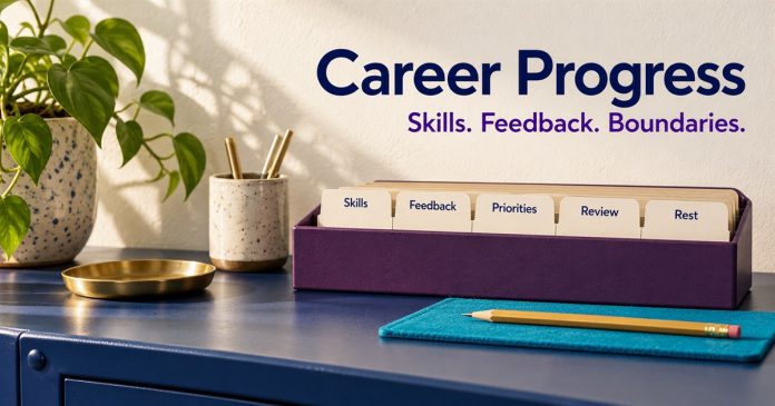 Career Progress: Skills, Feedback and Boundaries A purple organizer on a navy desk holds Skills, Feedback, Priorities, Review and Rest dividers beneath Career Progress.