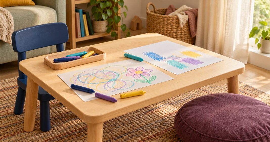 A quiet shared drawing activity — unconditional care Crayons and two sheets with colorful marks and a flower on a low table beside an empty child’s chair and floor cushion.