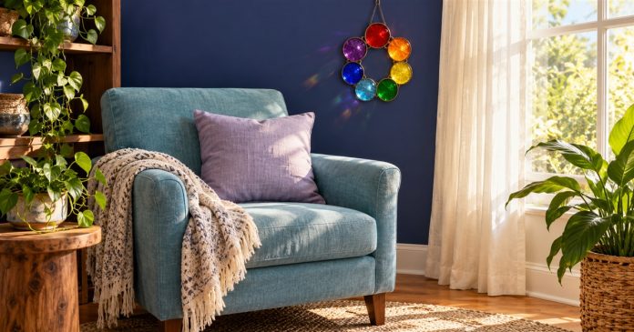 An empty cyan armchair with a lavender cushion beside a window, with a circular colored-glass ornament on a navy wall.