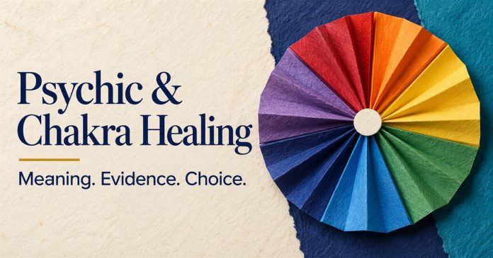 Psychic and Chakra Healing — Meaning, Evidence, Choice Seven-color folded-paper rosette on indigo and teal paper beside Psychic & Chakra Healing — Meaning. Evidence. Choice.