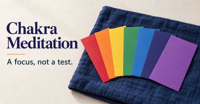 Chakra Meditation: A focus, not a test. Seven red, orange, yellow, green, blue, indigo and purple cards fanned on indigo linen.