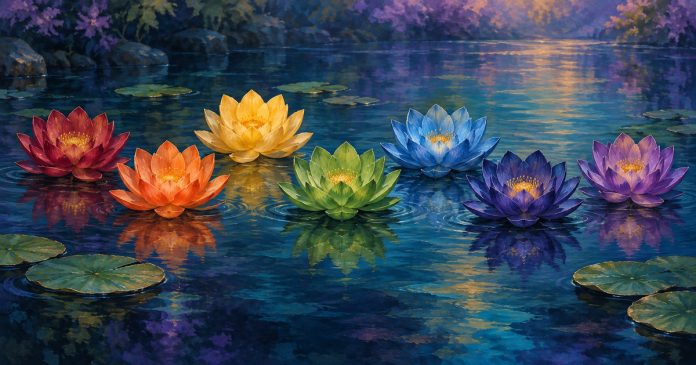 Seven symbolic lotuses for chakra reflection Painterly illustration of seven red, orange, yellow, green, blue, indigo and violet lotus flowers on a navy-teal pond.