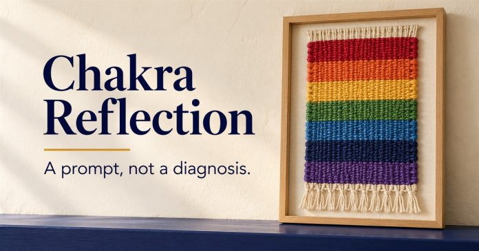 Chakra Reflection Woven Color Study — Post 3353 AI-generated framed textile with seven colored woven bands beside the words Chakra Reflection and A prompt, not a diagnosis.