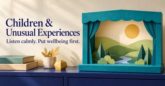 Children and unusual experiences paper story stage illustration – post3443 AI-created teal paper story stage with hills and sun beside Children and Unusual Experiences and Listen calmly. Put wellbeing first.
