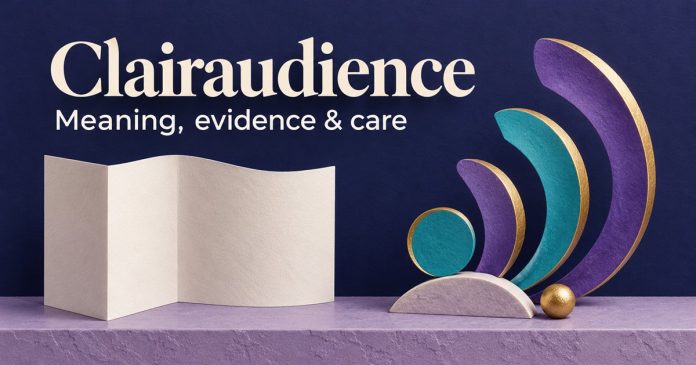 Purple and cyan decorative sound-like arcs beside folded ivory paper, with “Clairaudience” and “Meaning, evidence & care” on navy.