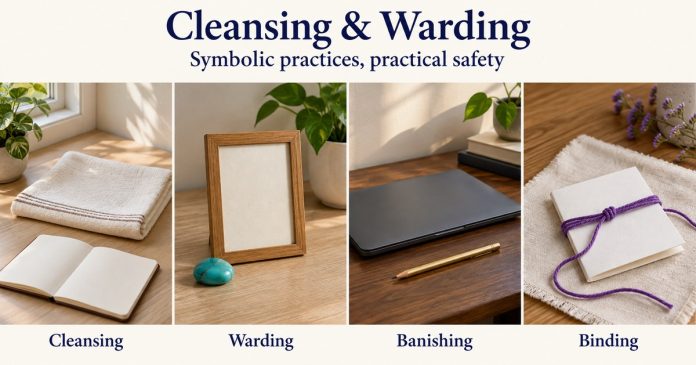 Four labelled symbolic setups: Cleansing with a cloth and notebook, Warding with a blank framed card and pebble, Banishing with a closed laptop, and Binding with loosely corded paper.
