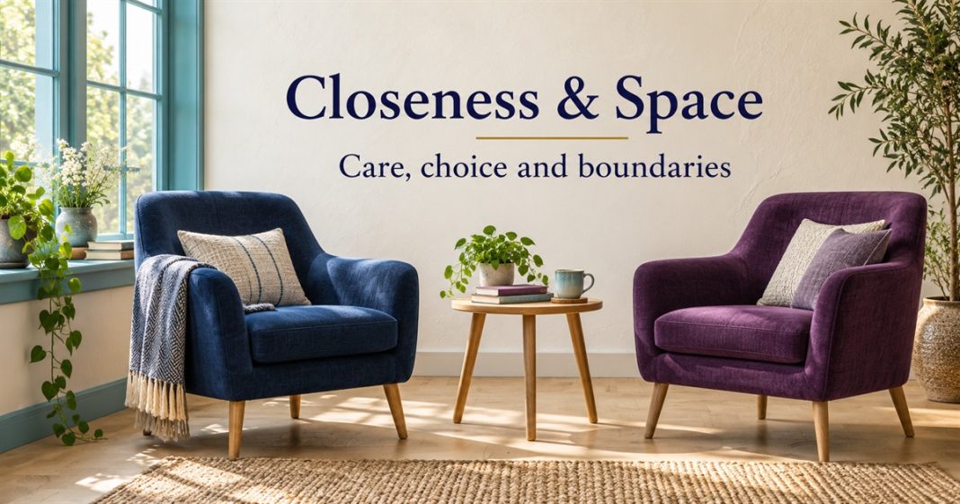 Two empty navy and purple armchairs separated by a small round table beneath Closeness & Space — Care, choice and boundaries lettering