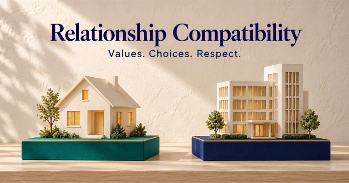 Cream architectural house and office models on separate teal and indigo bases, with the words Relationship Compatibility and Values. Choices. Respect.