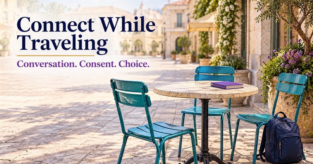 Connect While Traveling: Conversation, Consent, Choice AI-generated café terrace with three empty turquoise chairs, a closed purple book and a navy daypack beside an open square