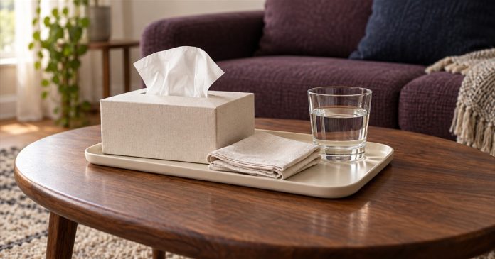 Tissues and water — optional emotional comfort illustration A tissue box, folded linen cloth and glass of water on a cream tray and wooden table before an empty plum sofa.
