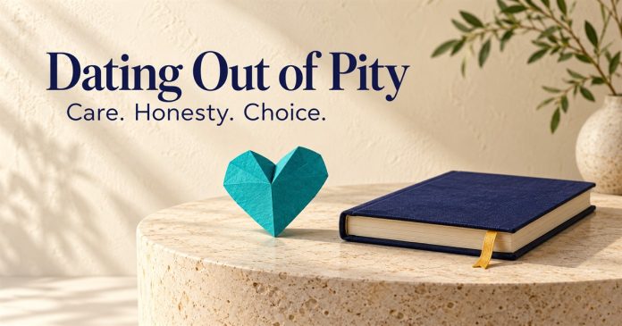 Teal folded paper heart beside a closed indigo notebook on a stone plinth, with the words Dating Out of Pity: Care. Honesty. Choice.