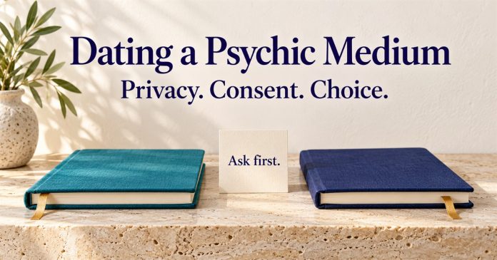 Dating a Psychic Medium — Privacy, Consent and Choice — Post3258 AI illustration of two separate closed teal and indigo journals with an Ask first card and the heading Privacy. Consent. Choice.