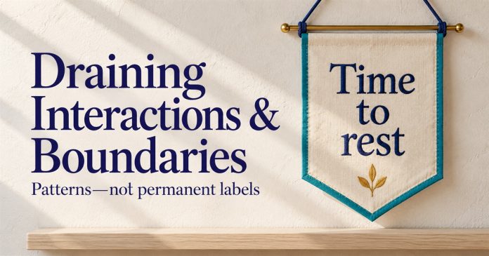 AI-created cream canvas pennant reading Time to rest beside Draining Interactions and Boundaries, in teal and indigo