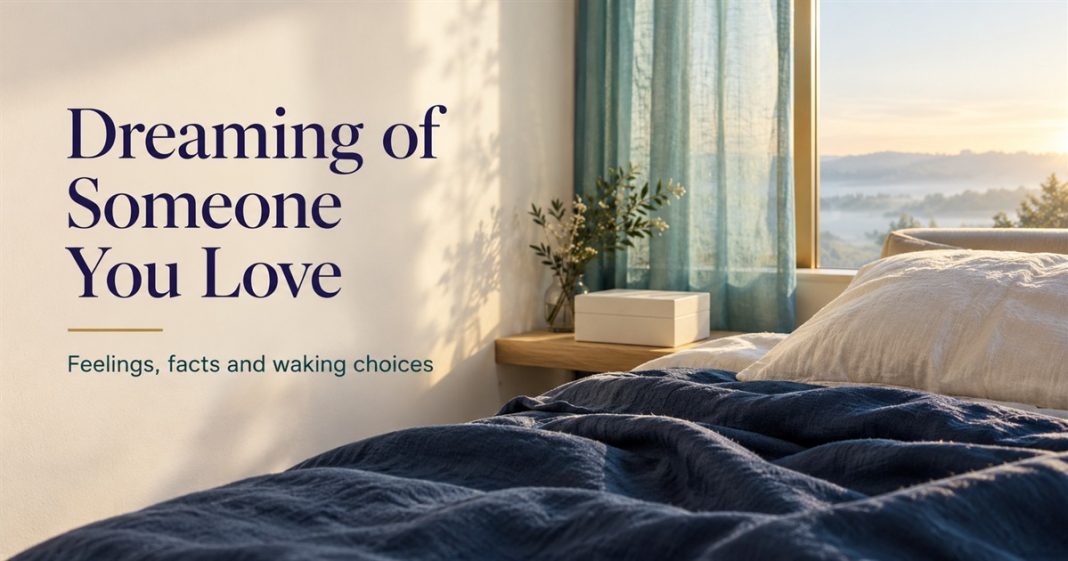 Dreaming of Someone You Love — Dawn Window Illustration Illustrated empty bed with ivory pillow, indigo blanket and teal-curtained dawn window beside a keepsake box, titled Dreaming of Someone You Love.