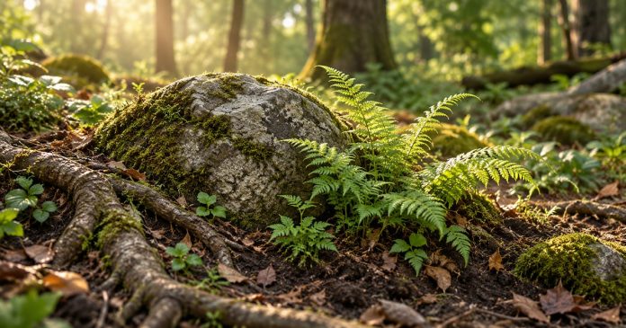 Earth element woodland reflection cover Sunlit ferns beside a moss-covered rock and exposed roots on a woodland floor