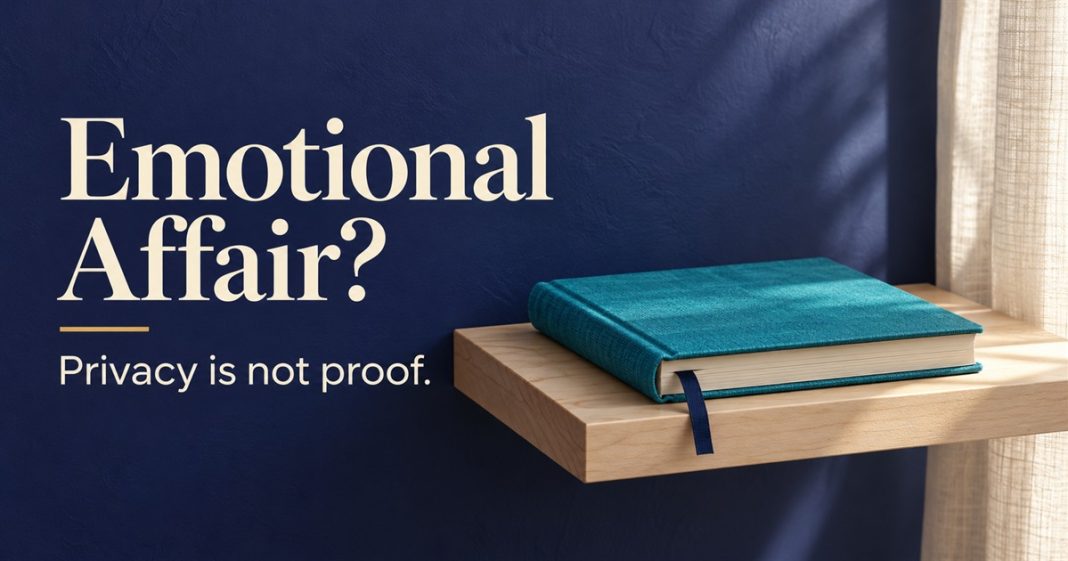 Emotional Affair Privacy Journal — Post3719 Emotional Affair? Privacy is not proof. A closed teal linen journal with a navy bookmark rests on a pale wooden shelf against an indigo wall.