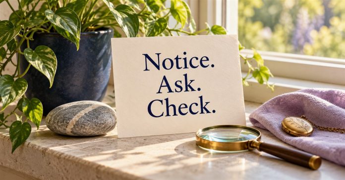 Empath labels: notice, ask and check A card reading Notice. Ask. Check. beside a leafy plant, river stone, magnifying glass and closed locket on a sunlit windowsill.
