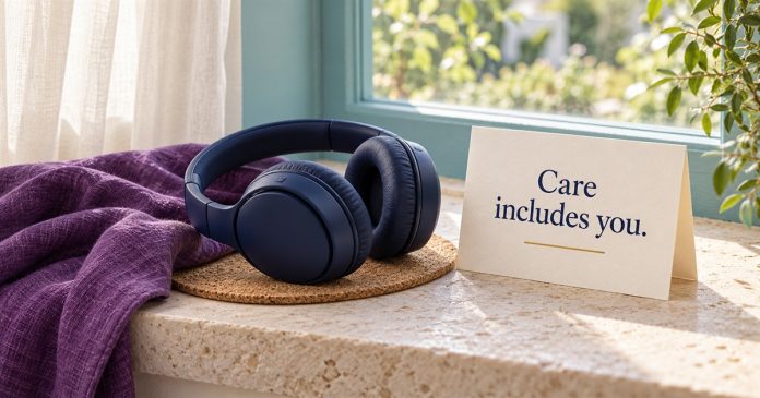 Empathy and boundaries: care includes you Navy over-ear headphones on a cork pad beside purple linen and a cream “Care includes you.” card on a pale window ledge.
