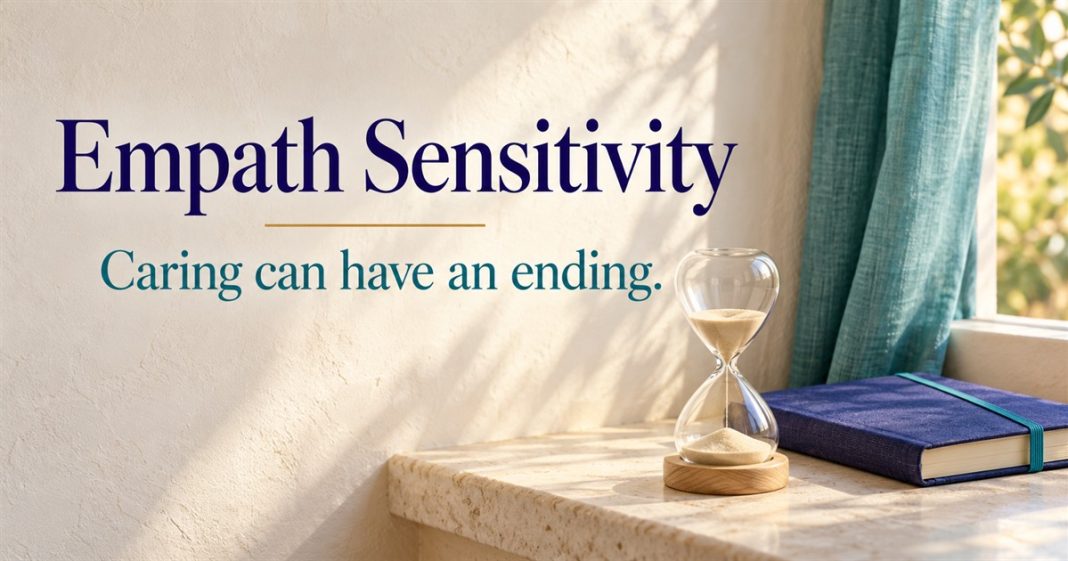Empath Sensitivity: Caring can have an ending. A sand timer and closed indigo notebook on a sunlit stone window bench.