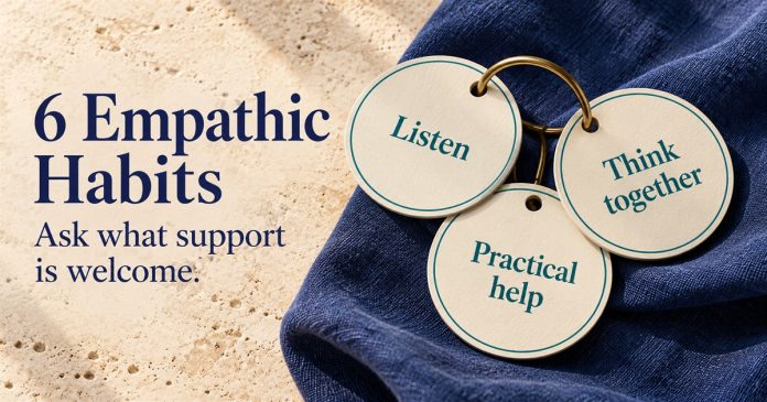 People-free illustration of three ring-bound round tags labelled Listen, Think together and Practical help on indigo linen.