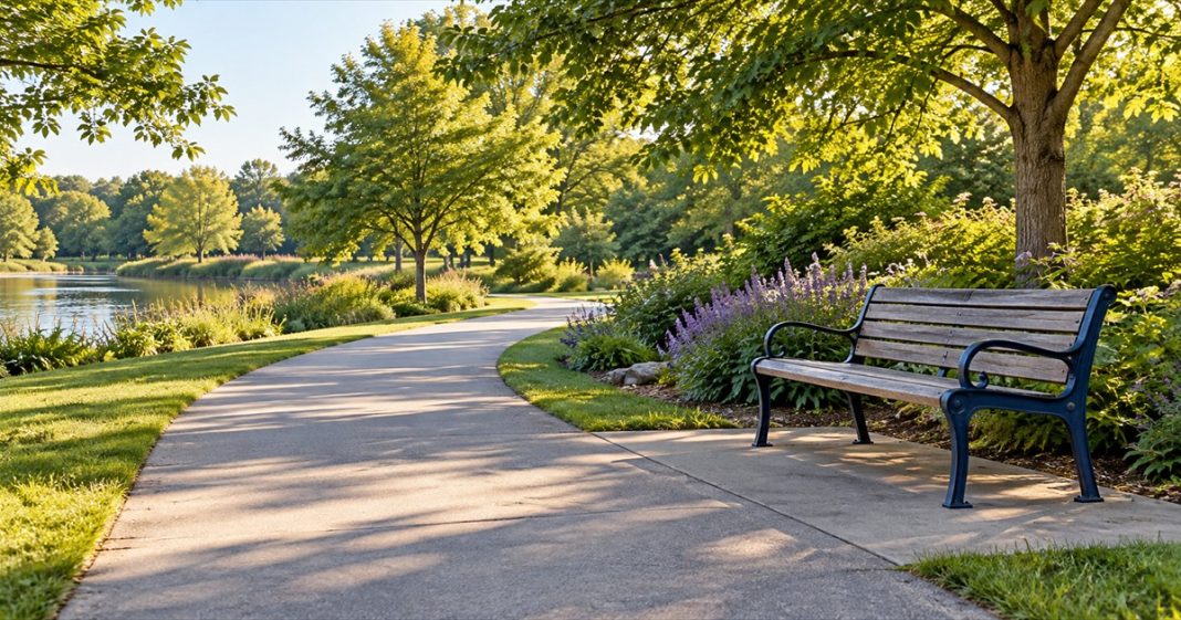 Enjoyable movement: an imagined park path and rest bench A broad paved path curving past a wooden park bench among green trees and purple flowers in soft morning light.