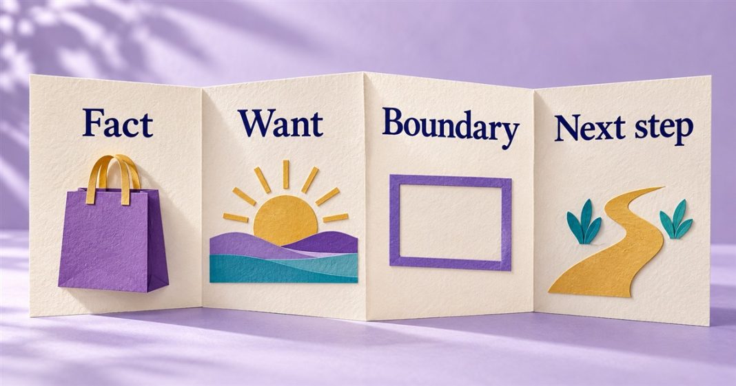 AI-generated paper-art accordion with four panels labelled Fact, Want, Boundary and Next step, showing a shopping bag, sun, rectangular frame and winding path.