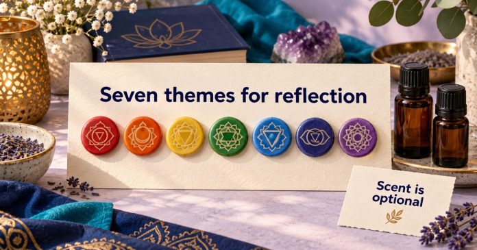 Essential oils and chakra reflection: scent is optional AI-generated illustration of seven colored chakra-symbol tokens beside two closed amber bottles and a card reading Scent is optional.