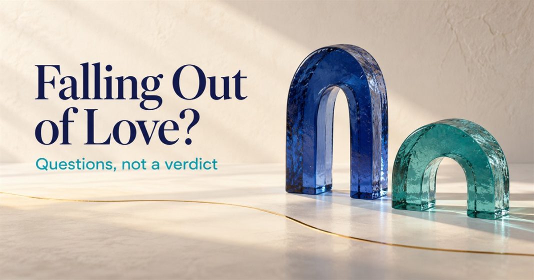 Falling Out of Love — Questions Not a Verdict Glass Illustration Abstract indigo and teal glass arches standing separately on an ivory surface, titled Falling Out of Love? Questions, not a verdict.