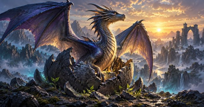 Fantasy rebirth and transformation: dragon at dawn Fantasy illustration of a navy dragon emerging from a broken stone shell at golden dawn