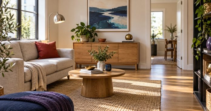 AI-generated living room with wood furniture and plants, a red cushion, ceramic bowl, metal lamp, river artwork and a clear route to an open doorway.