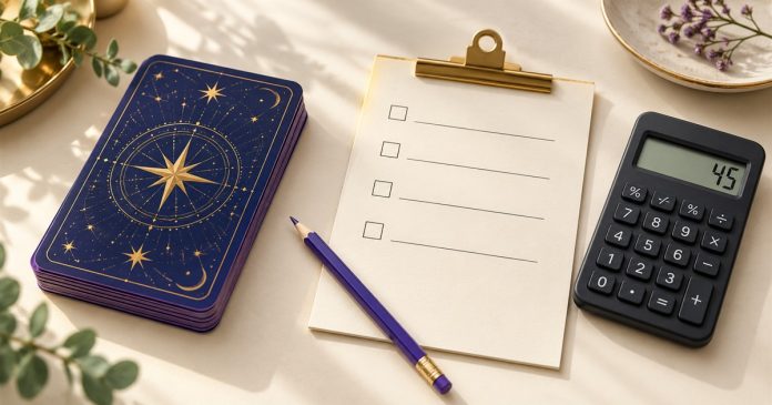 Finding a psychic: tarot cards and booking cost checklist Tarot card backs beside a blank four-item checklist, purple pencil and calculator displaying 45