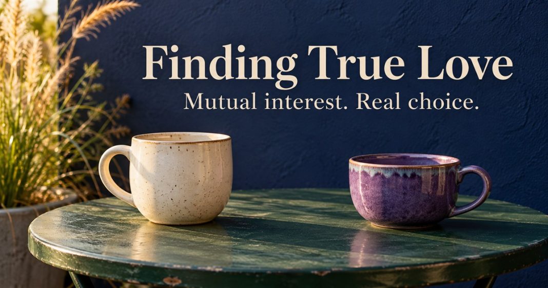 AI-generated still life of two different empty ceramic cups on a green table, with “Finding True Love — Mutual interest. Real choice.” above